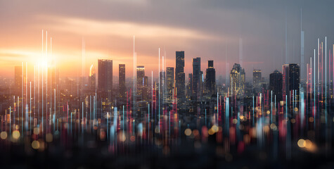 Business concept showing futuristic financial graphs, stock market charts, and data visualization over a modern city skyline at sunset, 