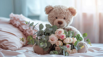 Roses and eucalyptus in teddy bear's arms, on bed. Simple art brings soft romantic vibes.