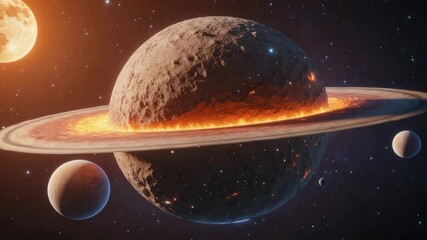 Orbiting camera circling rocky planet in deep space, showing molten ring after cosmic vista opening - Powered by Adobe