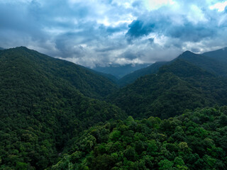 Green mountains and beautiful sky clouds under the blue sky , Wild flowers on a green grass meadow.	