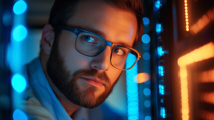 IT Technician Working on Server Rack in Blue-Lit Data Center