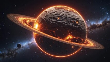 Opening revealing ringed lava planet rotating in space with passing moons exposing lava fissures - Powered by Adobe
