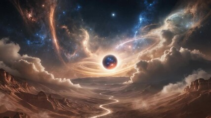 Wide shot opening revealing dark sphere hovering over alien canyon, swirling rings and cosmic dust - Powered by Adobe