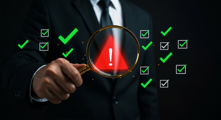 A businessman holding a magnifying glass over a red warning sign amidst green check marks on black background