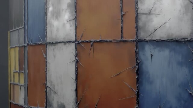 A textured, grid-like pattern of muted, earthy-toned squares, resembling distressed metal panels with dark, wire-like accents