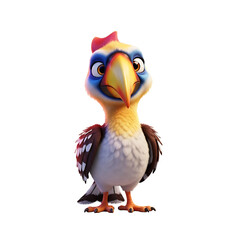A charming cartoon bird with colorful plumage stands against a white backdrop.