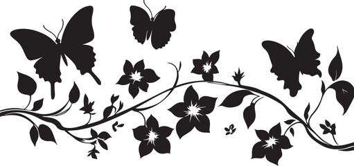 Elegant Floral Vine with Butterflies Silhouette Design on White Background