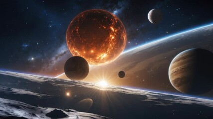 Rising star casting orange glow across cratered surface unveiling red planet, dark orb, ringed orb - Powered by Adobe