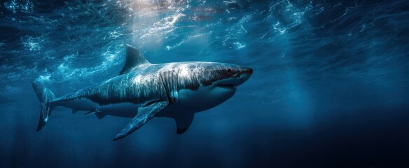 Fototapeta premium The majestic shark gliding gracefully through serene ocean depths.