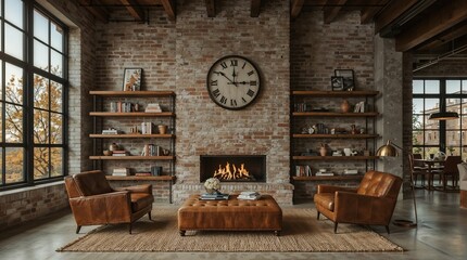 Industrial Loft Living Room with Exposed Brick Wall and Leather Furniture