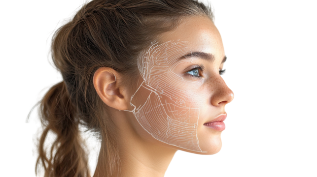 Woman face skin analysis for beauty treatment and facial rejuvenation with lifting lines and skin care concept isloted on transparent background
