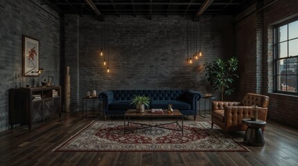 Modern Industrial Loft Living Room with Exposed Brick Walls and Edison Bulb Lighting