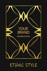Ethnic black lorem background, cover design. Geometric abstract gold pattern. Template, stencil, stained glass. Vintage ornaments, arabesques, mandala, logo East, Asia, India, Mexico, Aztec, Peru.