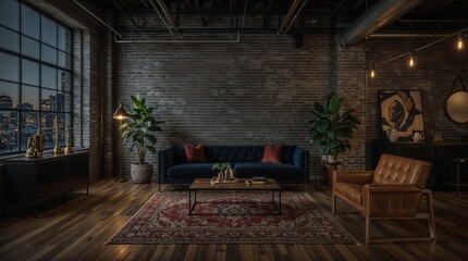 Sophisticated Industrial Loft Interior with City View and Contemporary Furnishings