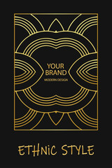 Ethnic black lorem background, cover design. Geometric artistic gold pattern. Template, stencil, stained glass. Vintage ornaments, arabesques, mandala, logo of the East, Asia, India, Mexico, Aztec.