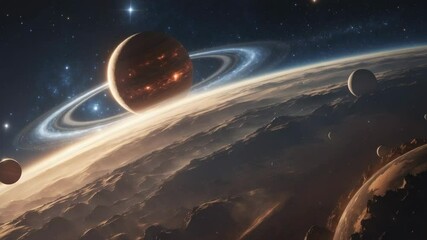 Opening sequence showing ringed gas giant glowing above horizon in space vista, with orbiting moons - Powered by Adobe