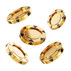 flying golden casino chips isolated on transparent white background, clipping path