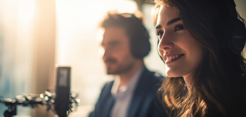 The woman smiling while recording a podcast with a colleague in a bright studio.