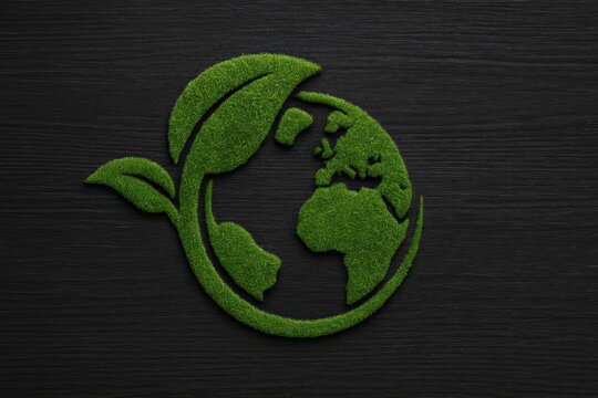 Green recycle symbol on eco leaf over environmental background