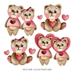 Watercolor Teddy Bear Couple With Hearts