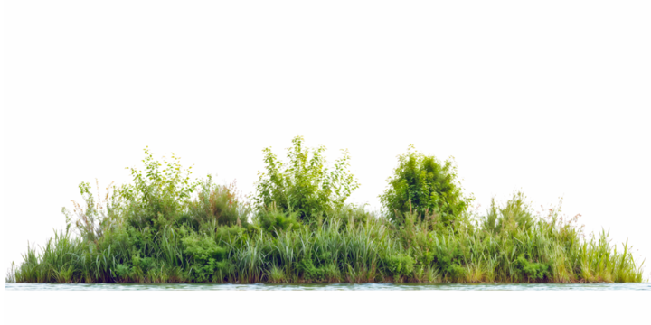 Natural arrangement of mixed wetland plants showing varying heights of grasses, reeds and small shrubs creating a marshy vegetation line isolated on white background