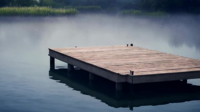 Wooden dock floating on calm misty lake in early morning stillness