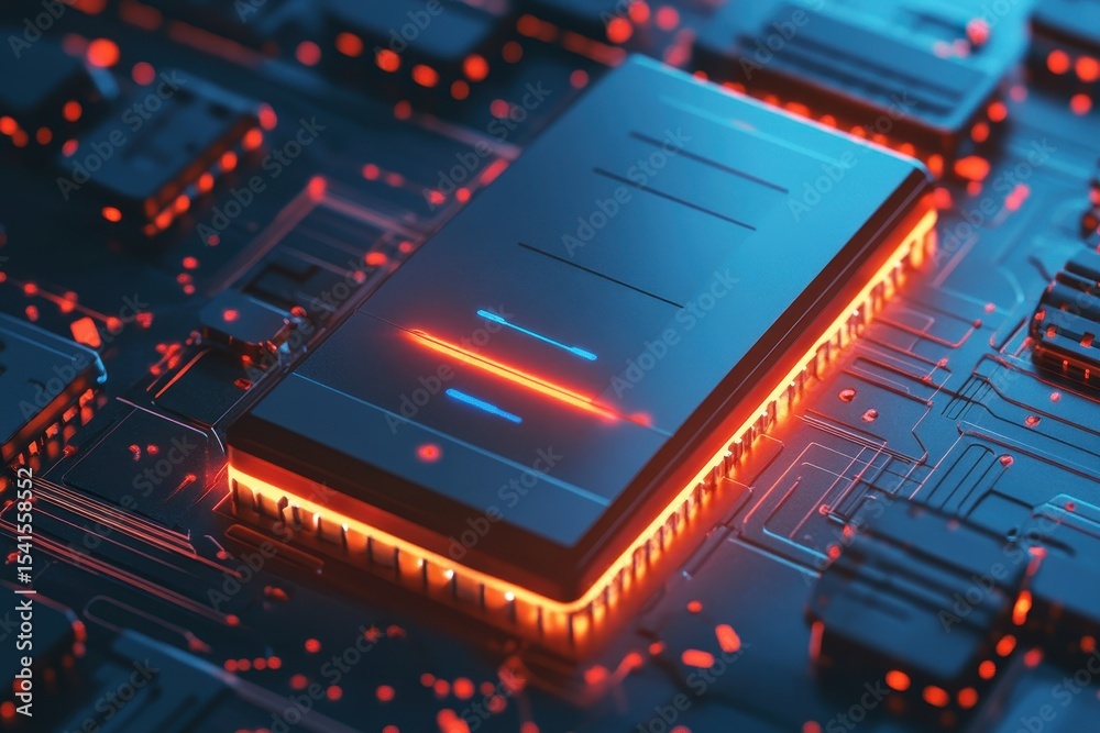 Poster innovative microchip technology showcased in a vibrant circuit design with glowing elements and intr