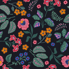 Floral seamless pattern, bright folk flowers on dark background. Calico design for textile printing, paper, wallpaper