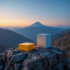 Two Colorful Cubes on Mountain Peak at Sunset .