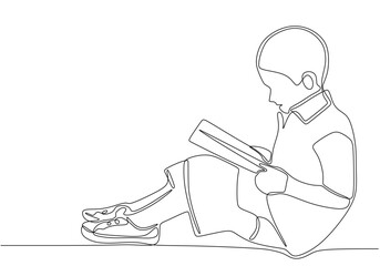 Continuous one line drawing kid sitting reading book. The new hobby of reading books helps to relax. One book one day. Good habits. Book festival concept.