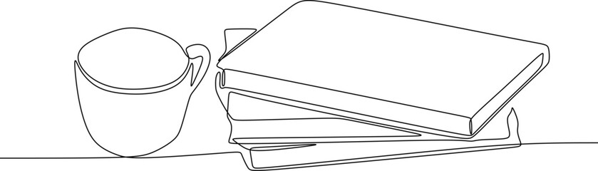 Cup of coffee and books stack one line art drawing isolated on white background.