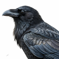 black crow standing upright with glossy feathers and sharp beak isolated on white background