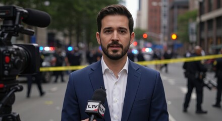 News reporter covering a police incident in a busy urban street with emergency vehicles in the background