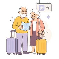 Flat vector illustration of a smiling elderly couple at the station with suitcases and a map. They stand under a sign with a train icon, ready for their next journey.