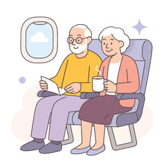 Flat vector illustration of a happy elderly couple sitting on airplane seats. The man is reading, the woman holds a cup of coffee. Cozy travel concept with window view.