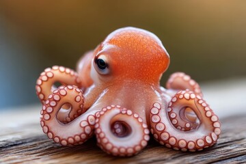 Octopus resting on a wooden surface with intricate details during golden hour