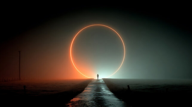 Mysterious Figure Walking Through a Glowing Portal in Fog
