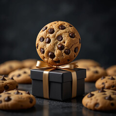 Giant Chocolate Chip Cookie on Black Gift Box: Gourmet Baking Delight .