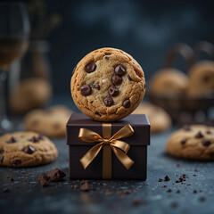 Chocolate Chip Cookie on a Gift Box .