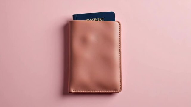 A blue passport partially tucked into a light brown leather holder on a pastel pink background.