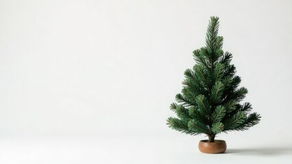The Pine tree. A small evergreen tree in a wooden base on white background. Christmas tree mockup design ready for decorating. Business card with empty place for text. The artificial object.