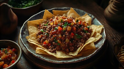 Nacho chips with minced meat and sour sauce in a plate