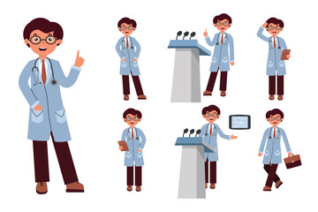 Doctor in different poses demonstrating healthy lifestyle promotion and public speaking skills in a professional setting. Set of doctor characters in flat style on white background.