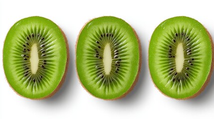 Three delicious kiwi slices cut out. Savory vibrant fruit segments arranged artfully a delightful presentation of juicy kiwi wedges.