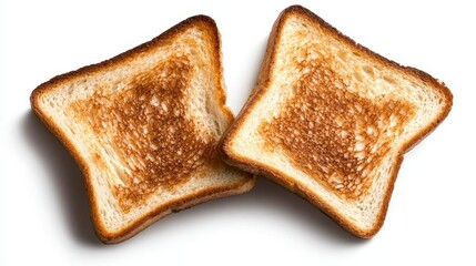 Fototapeta premium Two delicious toasted bread pieces cut out. Perfectly browned slices of bread a delightful culinary creation ideal for a simple yet satisfying meal offering a crispy exterior and soft