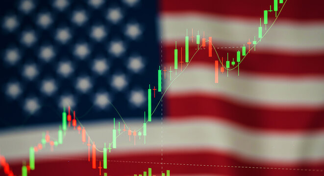 Stock market chart overlayed on blurred american flag showing economic trends and financial analysis