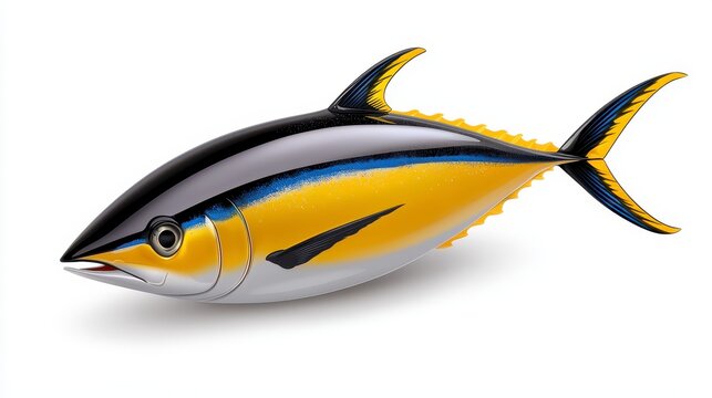 Yellow tuna black fin attacks Bait Sea Swim Squids. Realistic illustration of Yellow tuna white background isolate. A vibrant depiction of a yellowfin tuna predatory behavior near a school