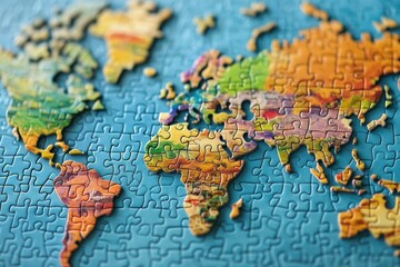 Fototapeta premium Flat puzzle geography idea with continents forming from jigsaw