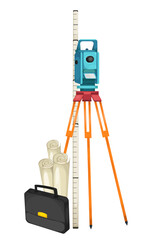 Land surveying tools including a total station on tripod, measuring rod, blueprints, and a briefcase. Vector illustration.
