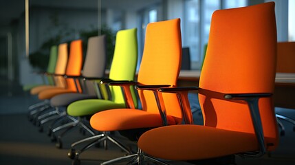 A row of vibrant, modern office chairs in various colors (orange, lime, grey, etc.) sits in a sunlit, contemporary office space, showcasing sleek design and comfortable upholstery